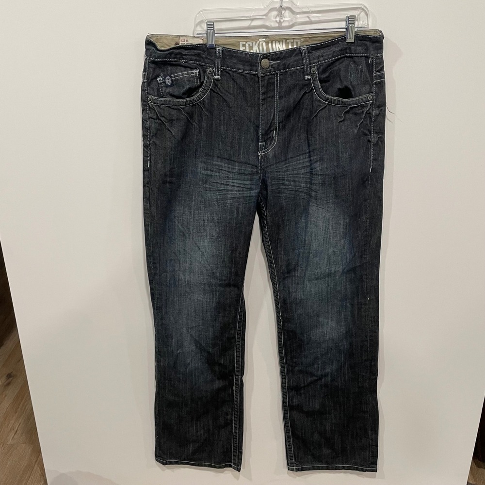Ecko Unltd Mens Dark Wash Denim Jeans Embroidered Pockets Size 36 - Picture 2 of 10